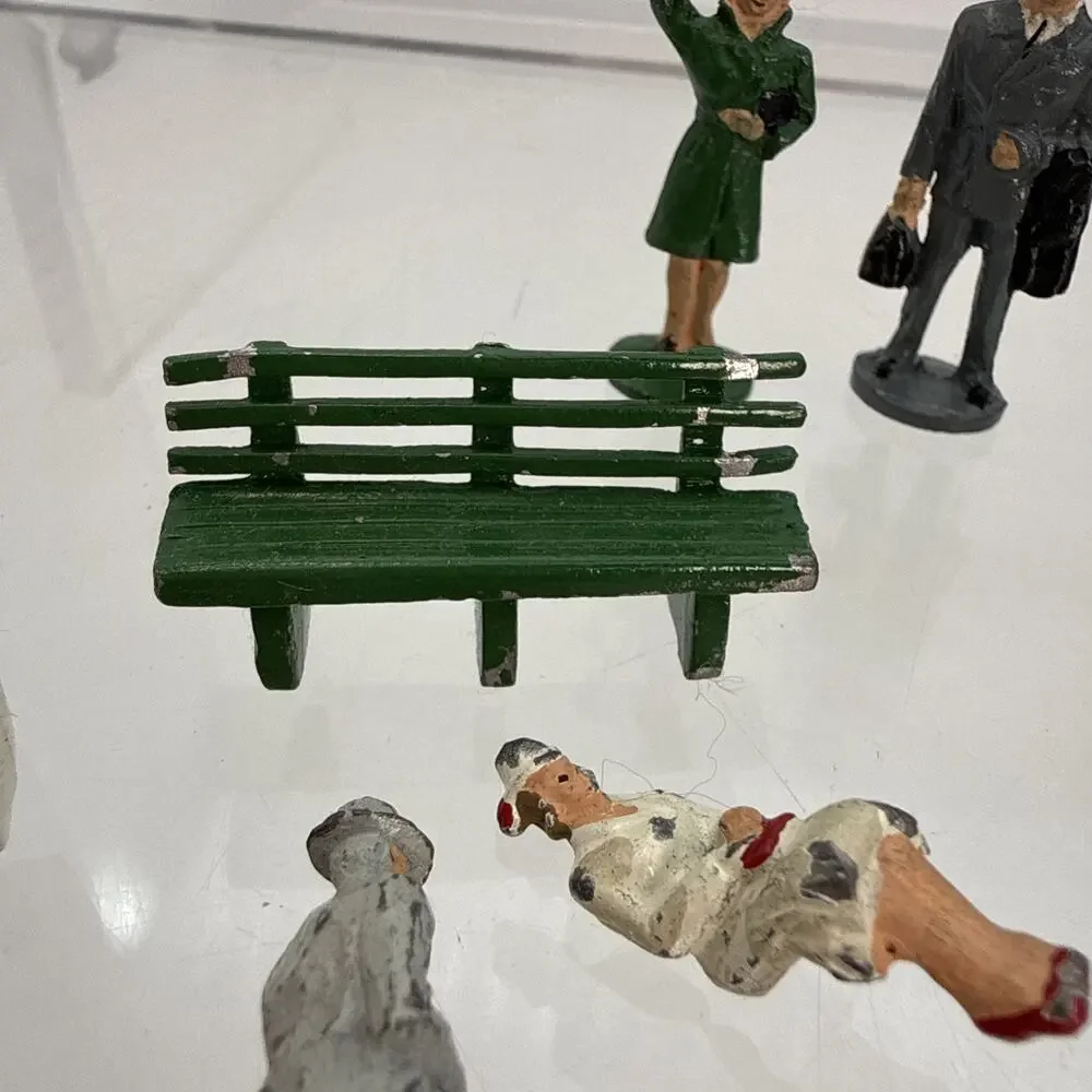 16 Barclay Manoil Painted Lead Traveler Figurines, Benches, Mailbox, Trash, Duck